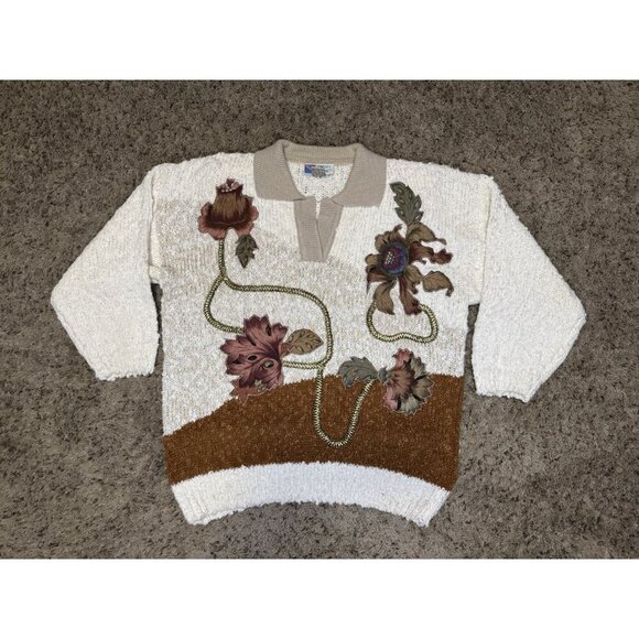 Vintage Womens 80s Polo Sweater Applique Floral Grandma Retro Artsy Boho READ L - Picture 1 of 12